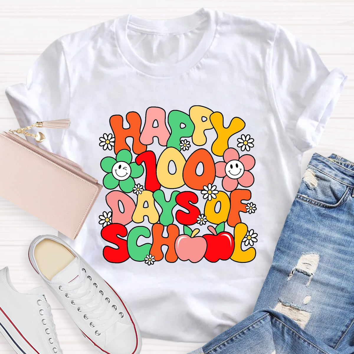 Happy 100 Days Of School Flower Apple T-Shirt