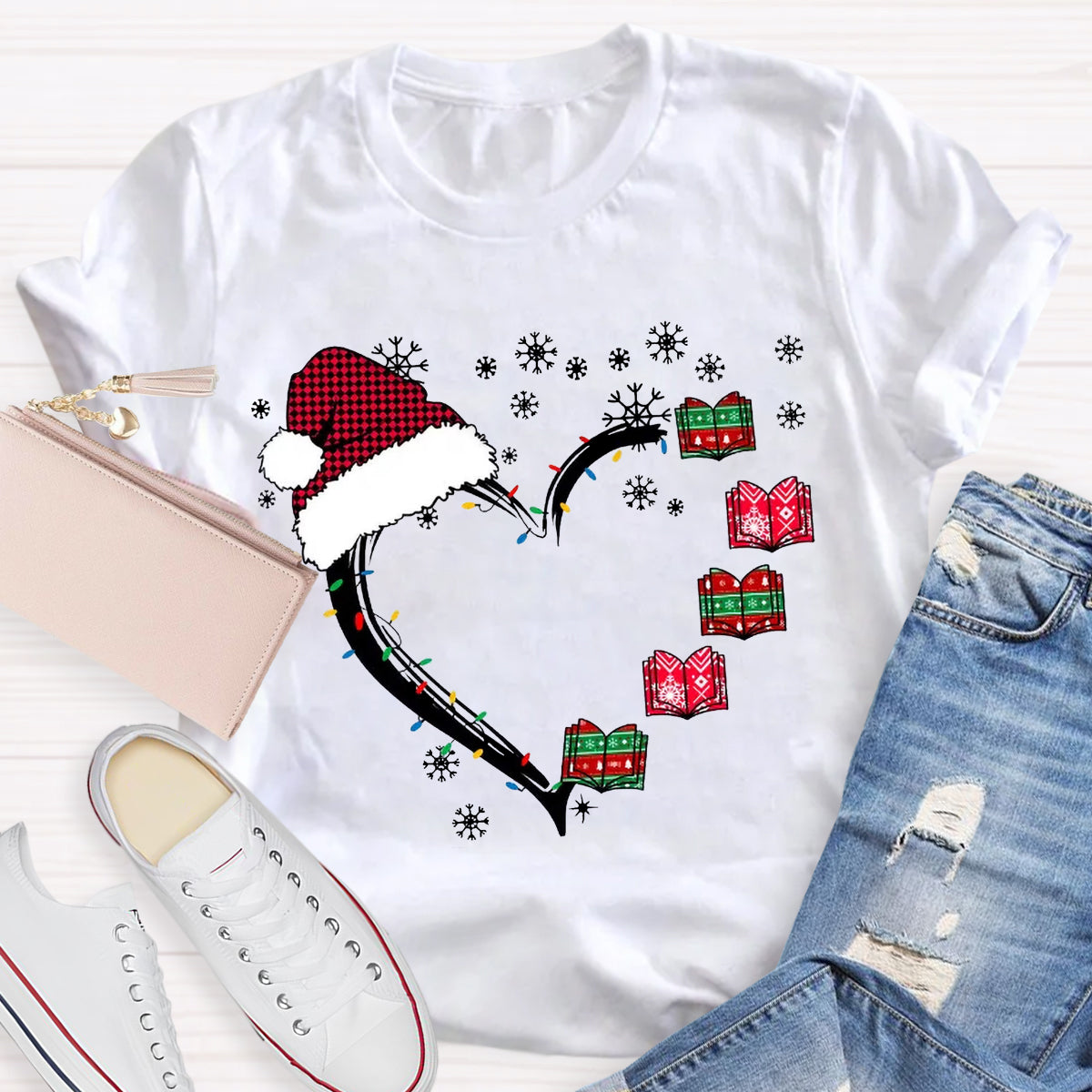 Christmas Books Heart Teacher T-Shirt