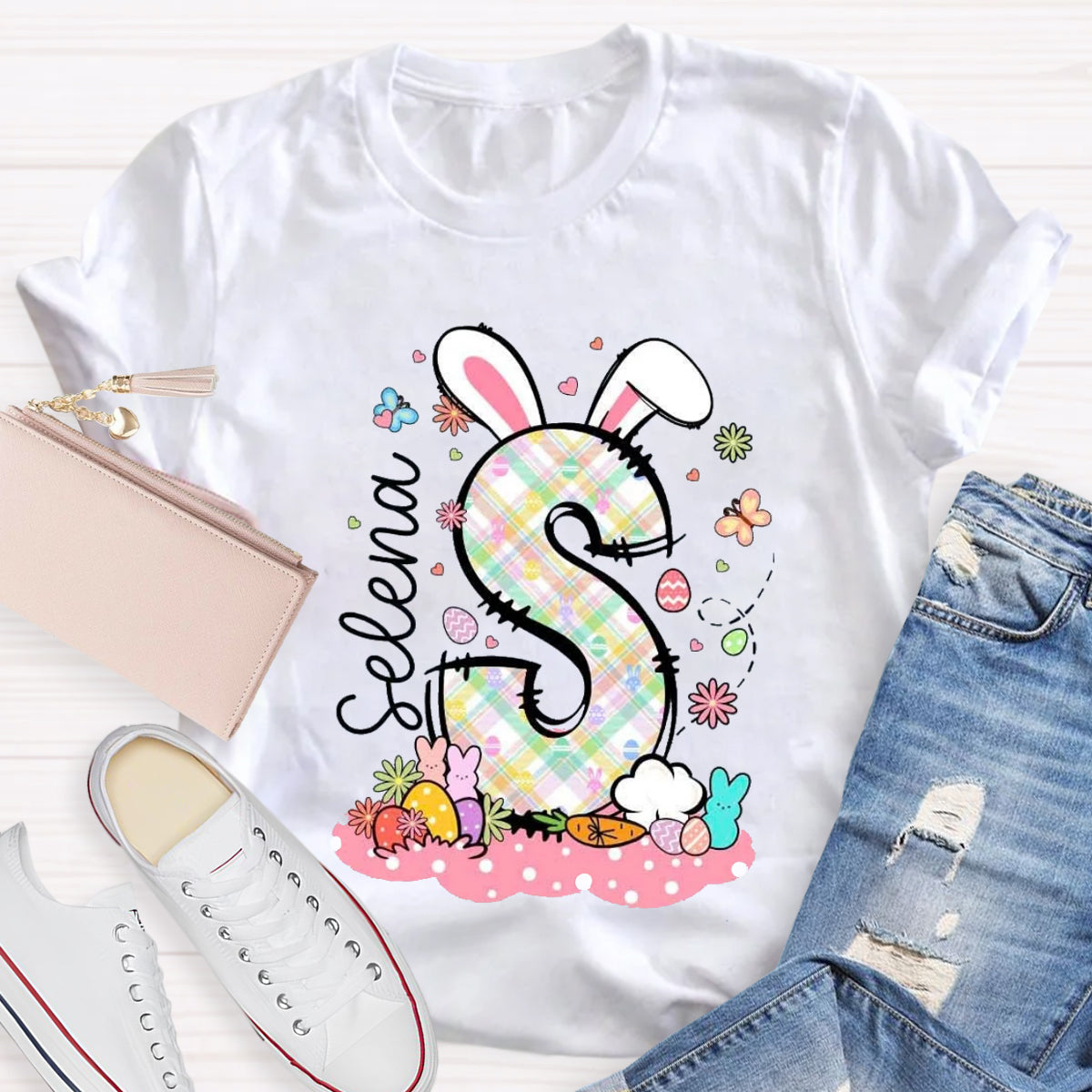 Personalized Name Bunny Ears Letters T-Shirt