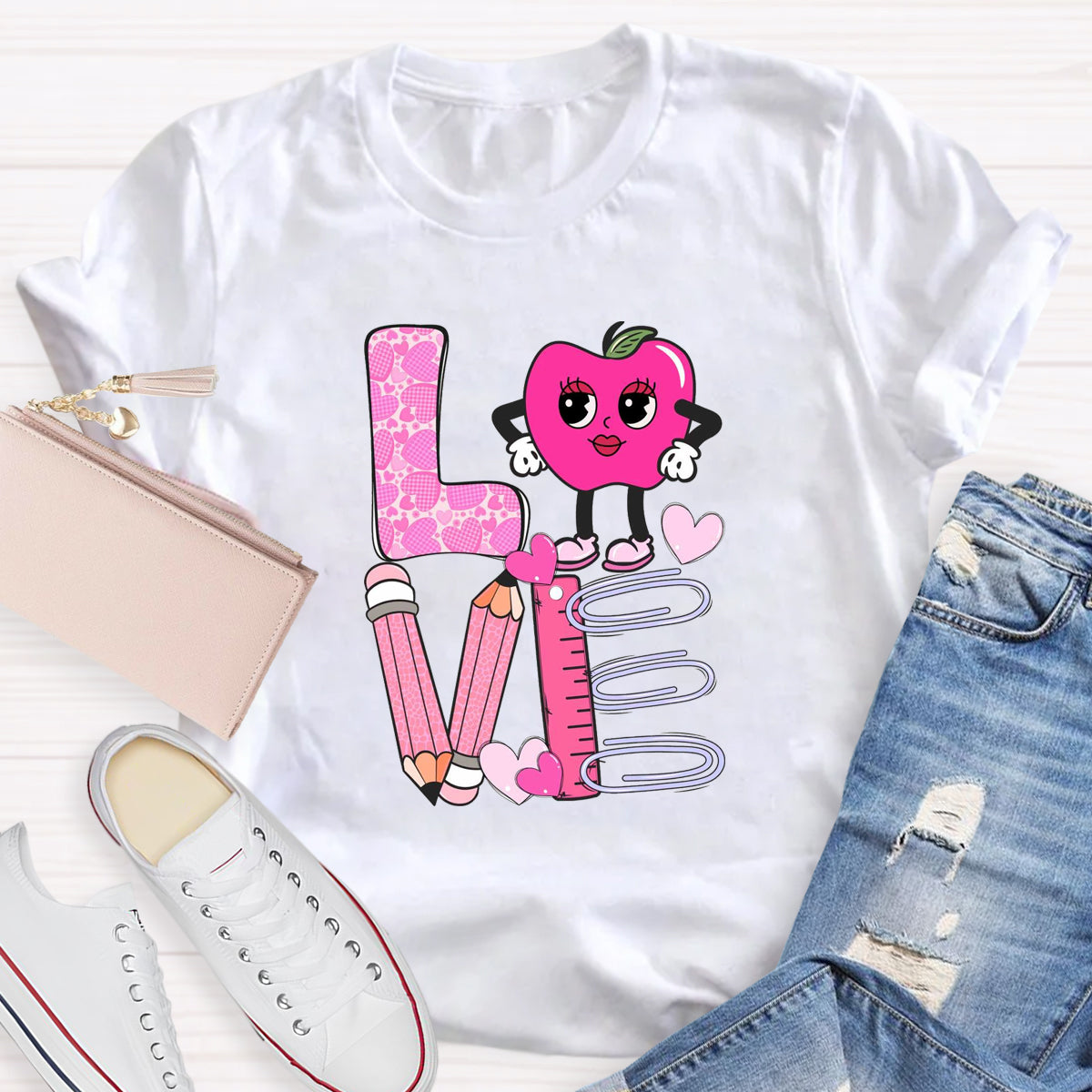 Pink Apple Love Teacher T-Shirt