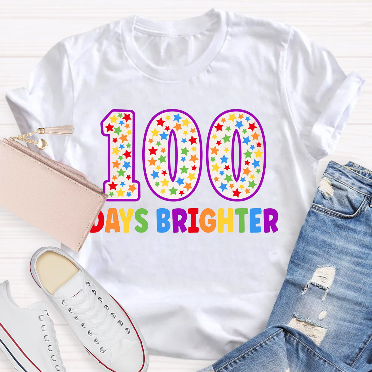 100 Days Brighter Colorful Letter Teacher T-Shirt