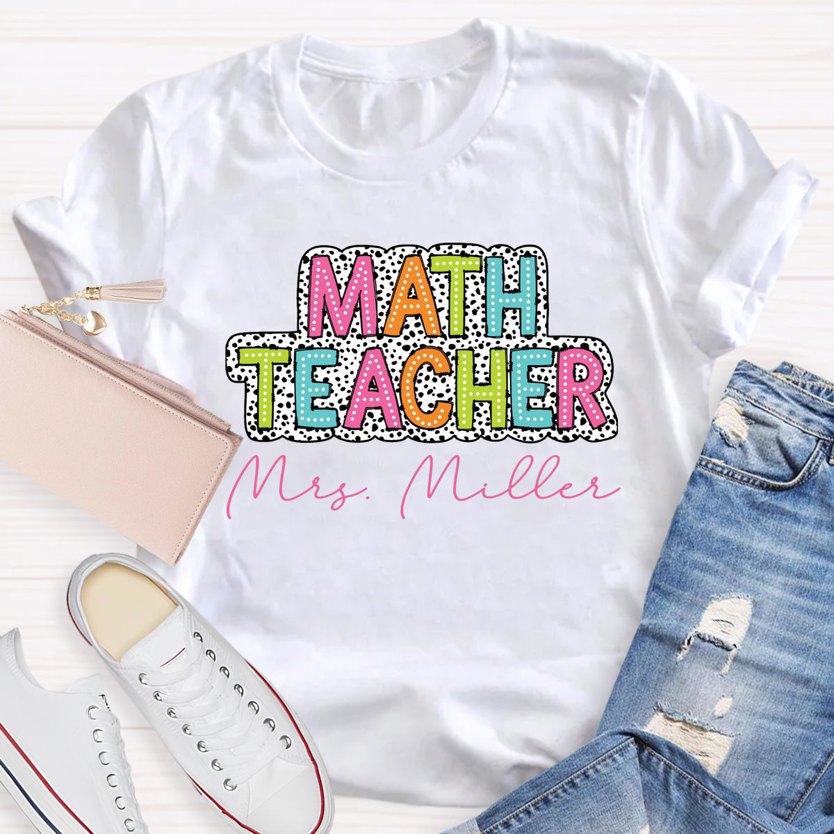 Personalized Name Dalmatian Dots Math Teacher T-Shirt