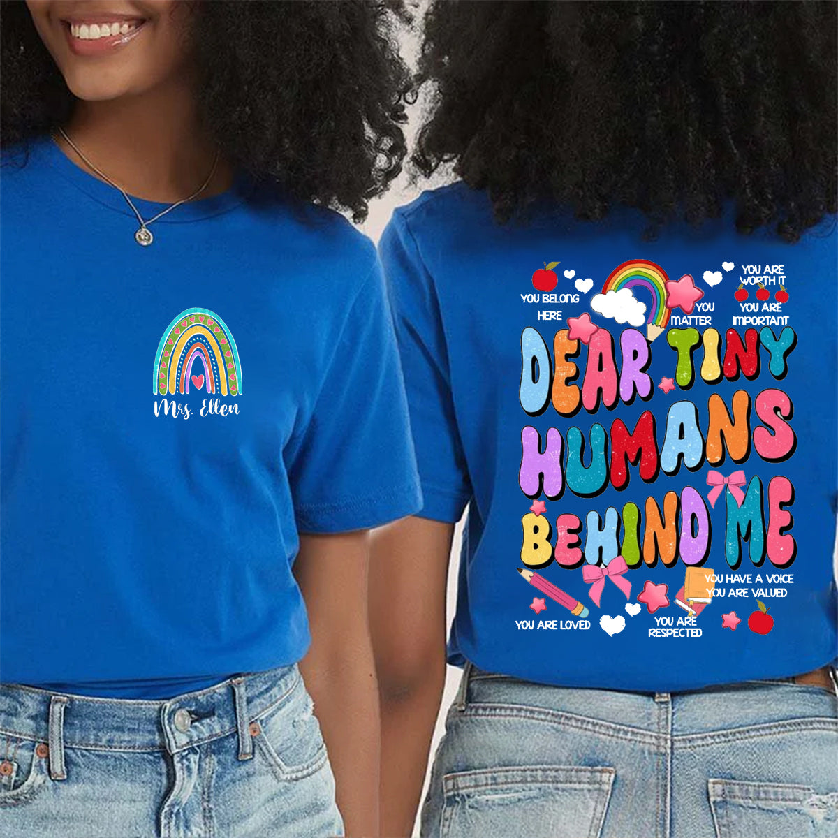 Personalized Name Rainbow Dear Tiny Human Behind Me Double Printed T-shirt