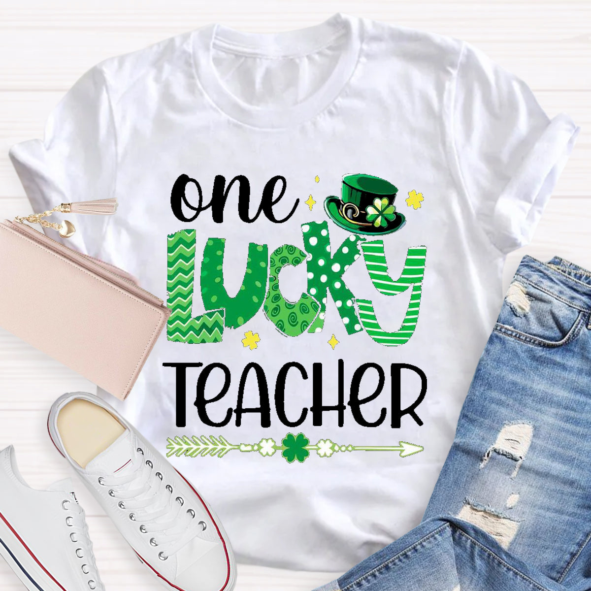 One Lucky Teacher Green Hat T-Shirt