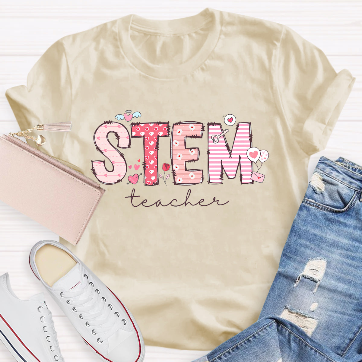 STEM Teacher Pink Heart Printed T-Shirt