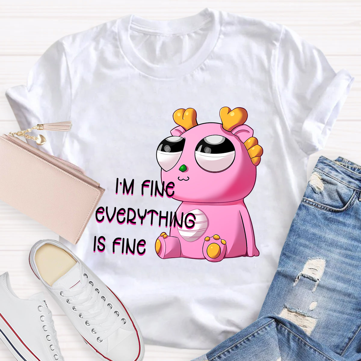 I'm Fine Everything is Fine  Pink Big Eyes Dragon T-Shirt