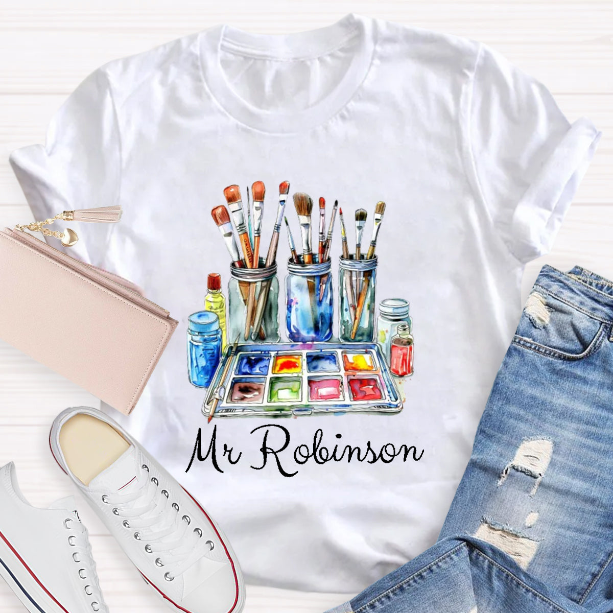 Personalized Name Painter Brush Art Teacher T-Shirt