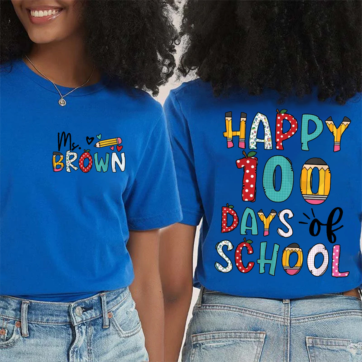 Personalized Name Happy 100 Days Of School Double Printed T-shirt