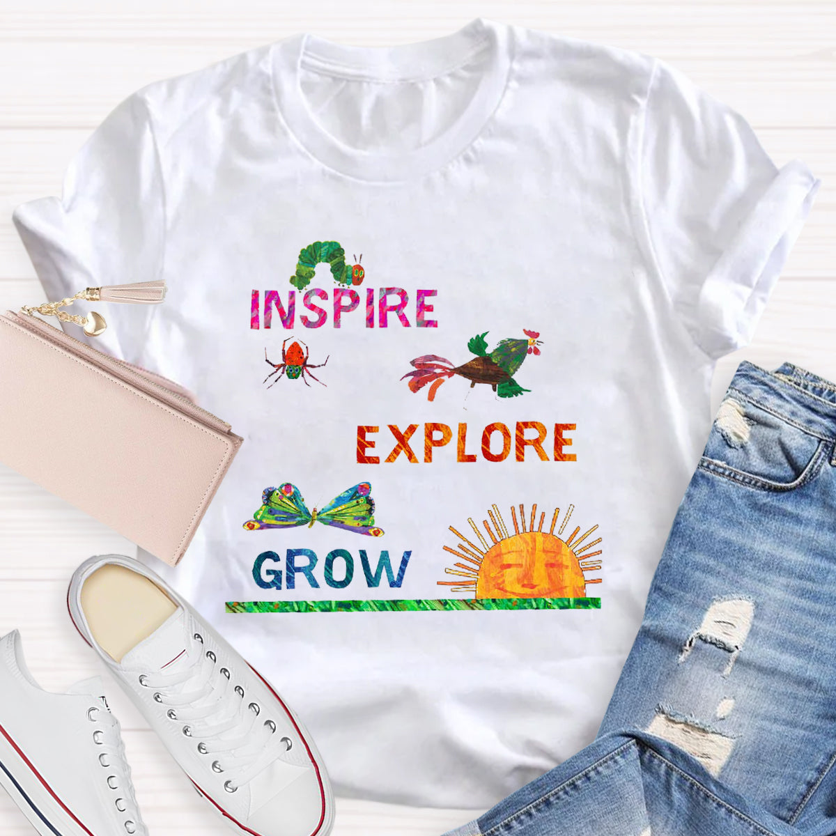 Inspire Explore Grow Caterpillar Grows Colorful Butterfly T-Shirt