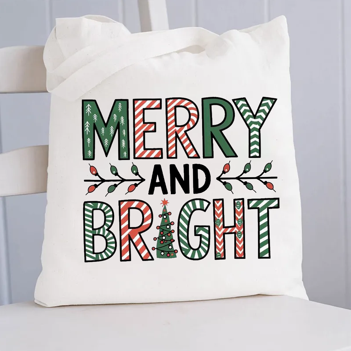 Merry And Bright Christmas Tree Canvas Tote Bag