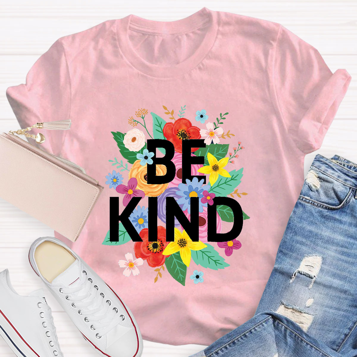 Colorful Flower Be Kind Teacher T-Shirt