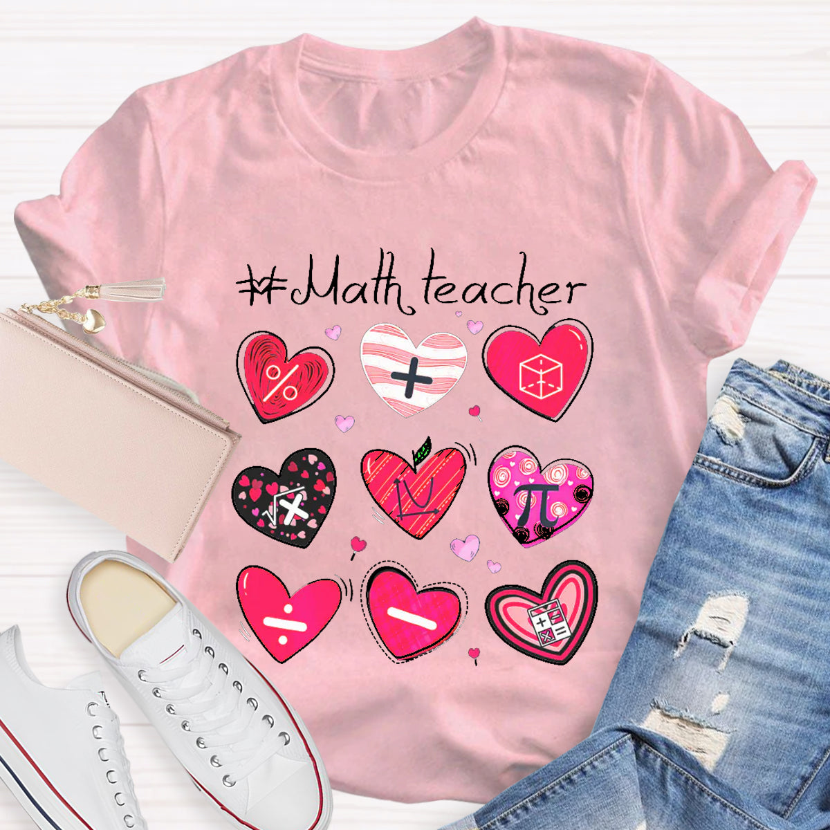 Red Heart Math Symbols Teacher T-Shirt