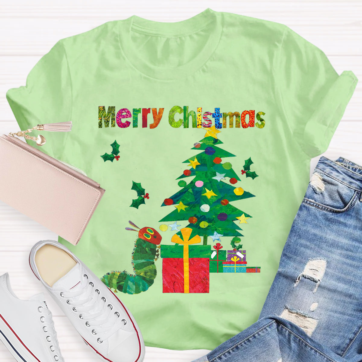 Merry Christmas Caterpillar Crawling Towards Christmas Tree T-Shirt