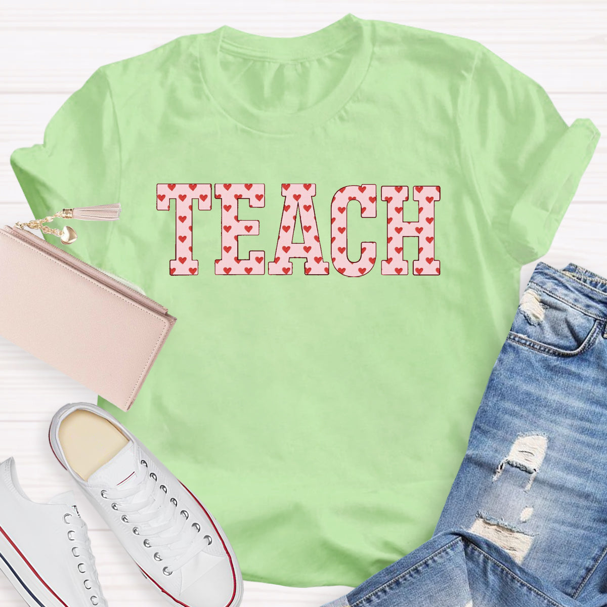 Pink Heart Teach Teacher T-Shirt