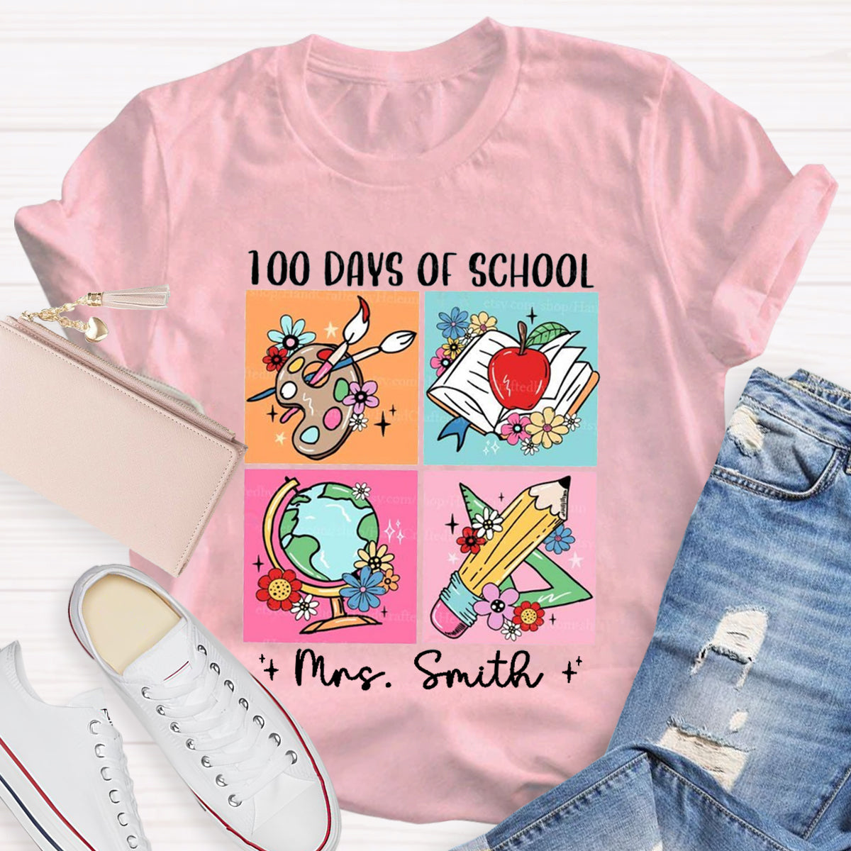 Personalized Name 100 Days Of School Pencil Apple T-Shirt