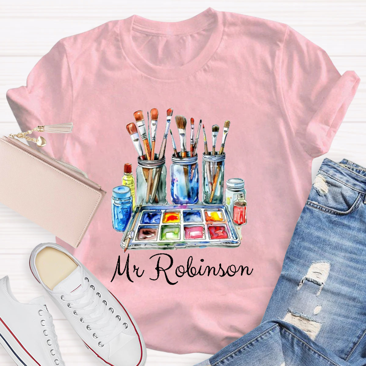 Personalized Name Painter Brush Art Teacher T-Shirt