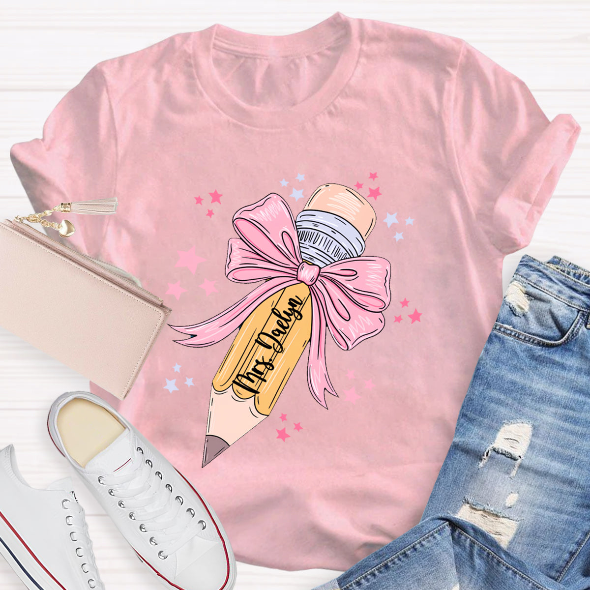 Personalized Name Pink Pencil Teacher T-Shirt