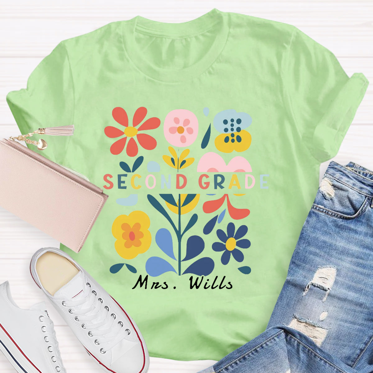 Personalized Name And Grade Floral Teacher T-Shirt