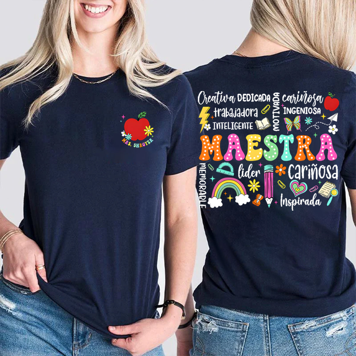 Personalized Name Book And Apple Double Printed T-shirt