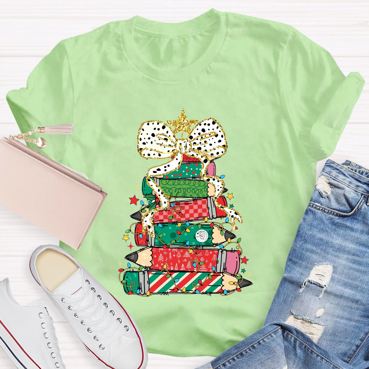 Pencil Tree  Bow Teacher T-Shirt