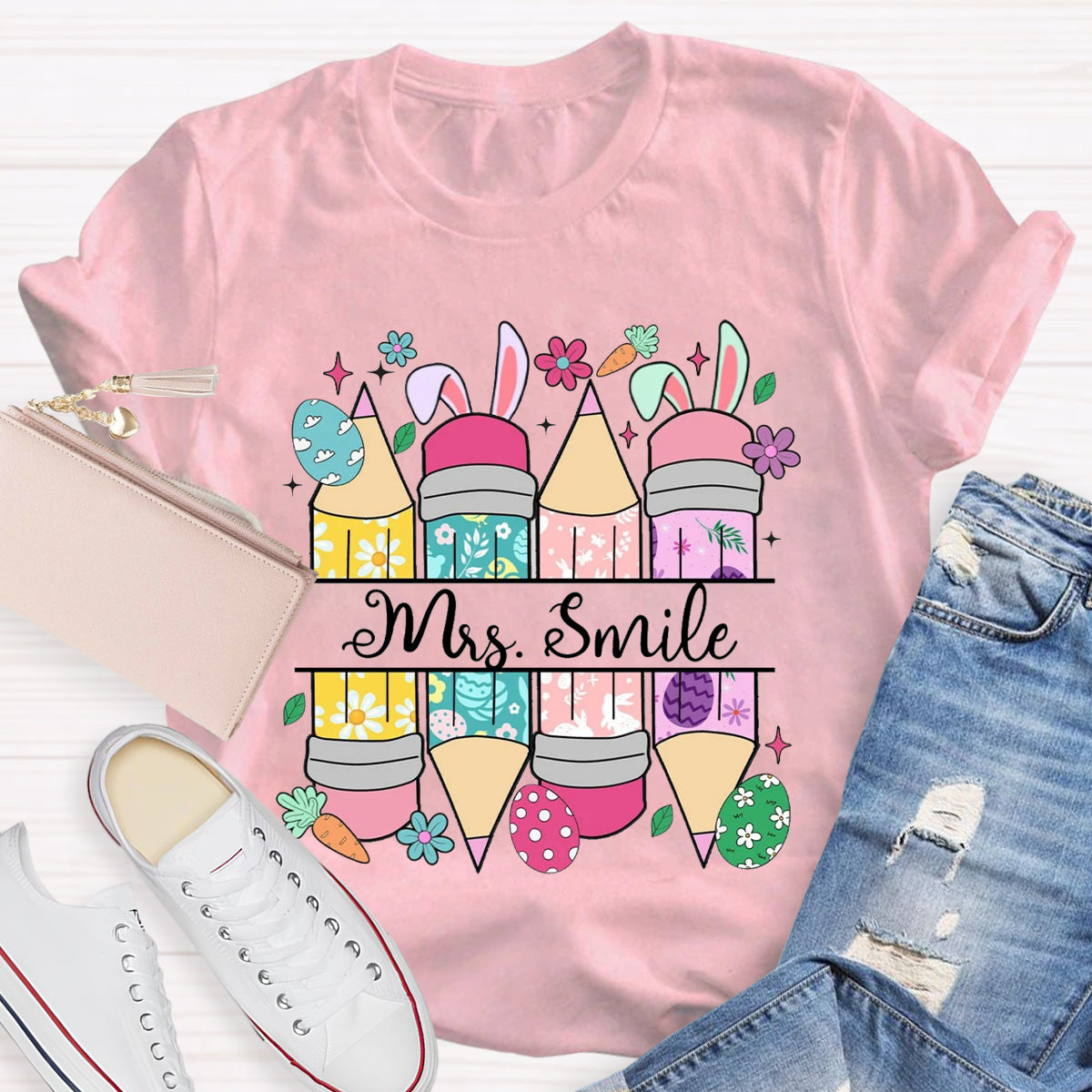 Personalized Name Easter Bunny Pencil Teacher T-Shirt