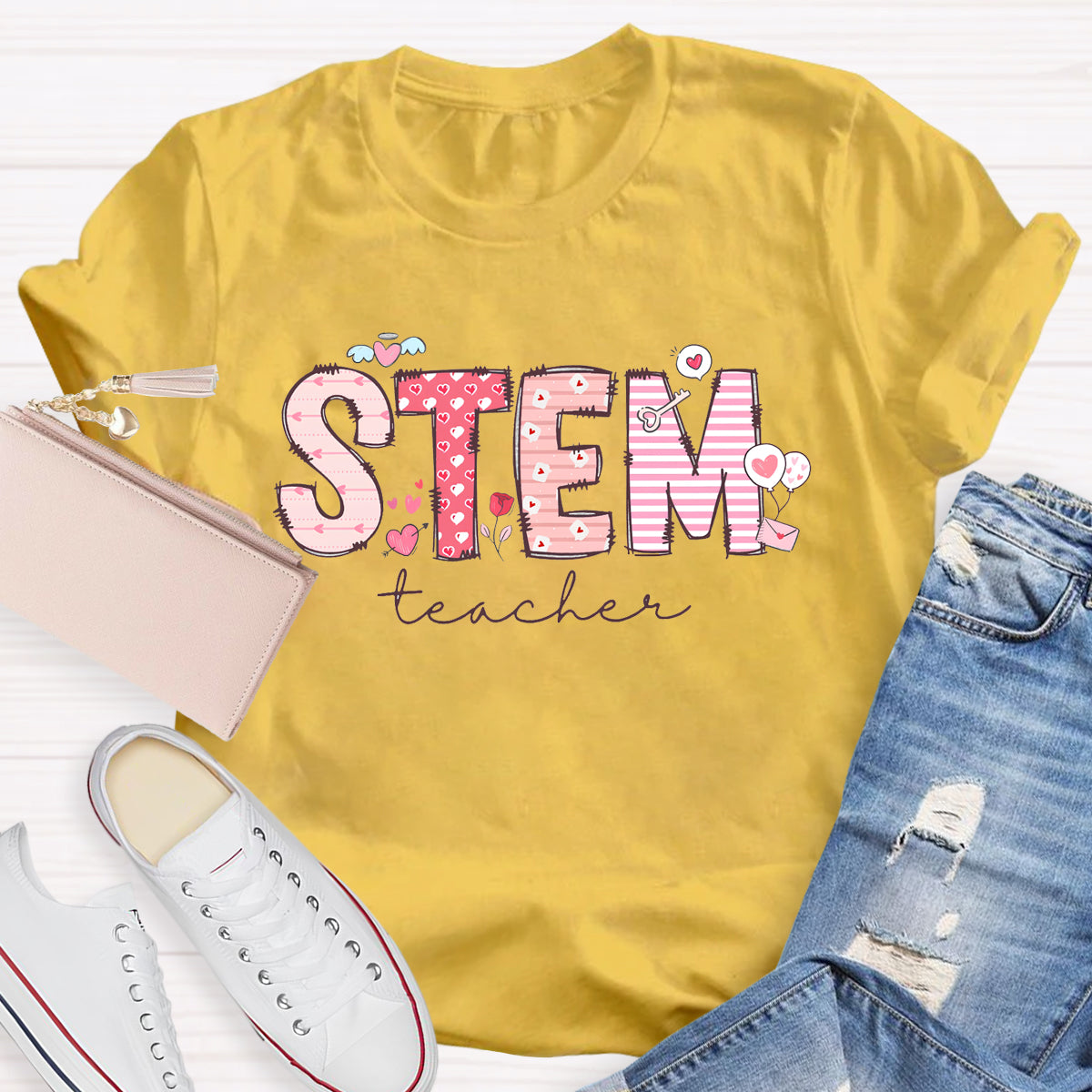 STEM Teacher Pink Heart Printed T-Shirt