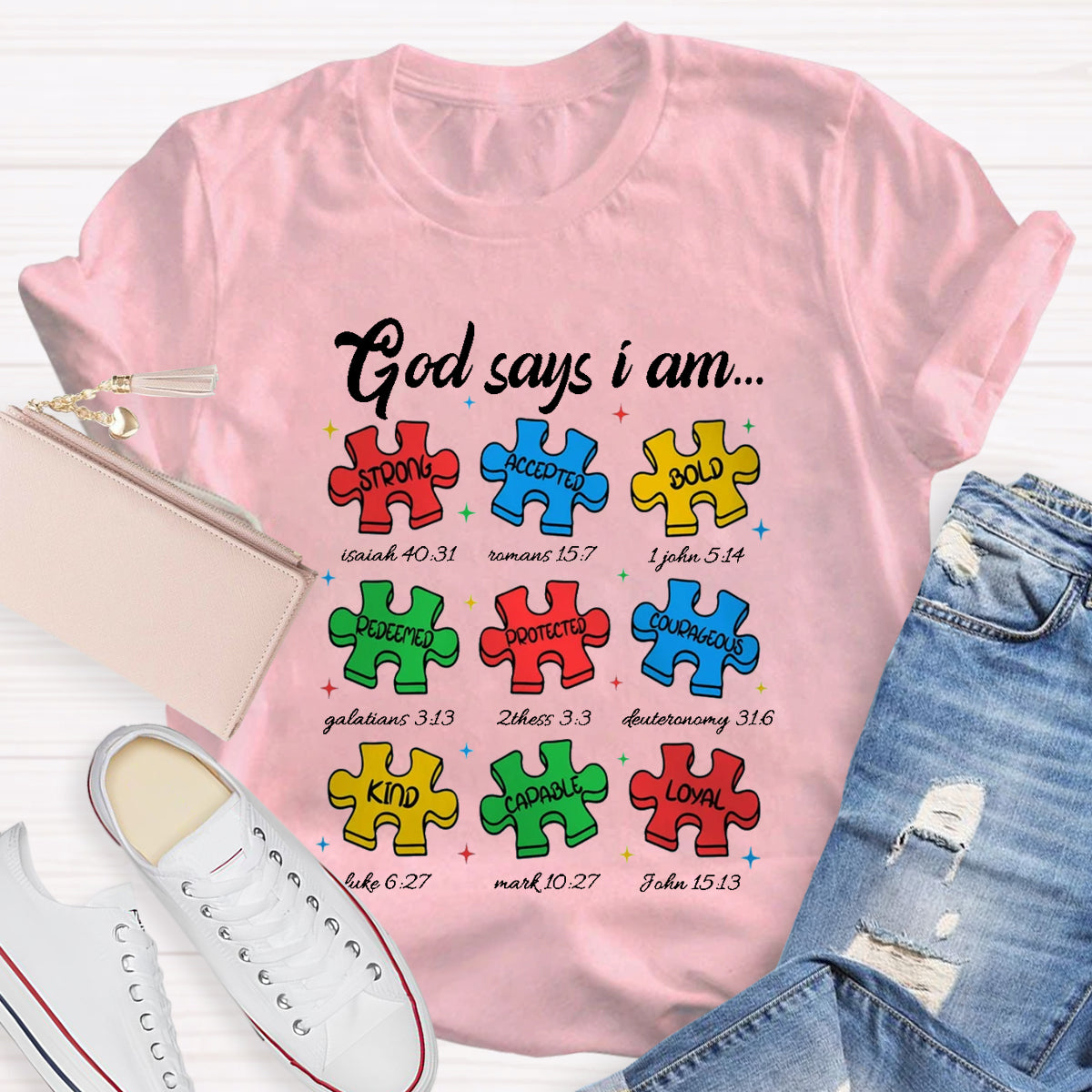 God Says I am Strong Puzzle Pieces Autism T-Shirt