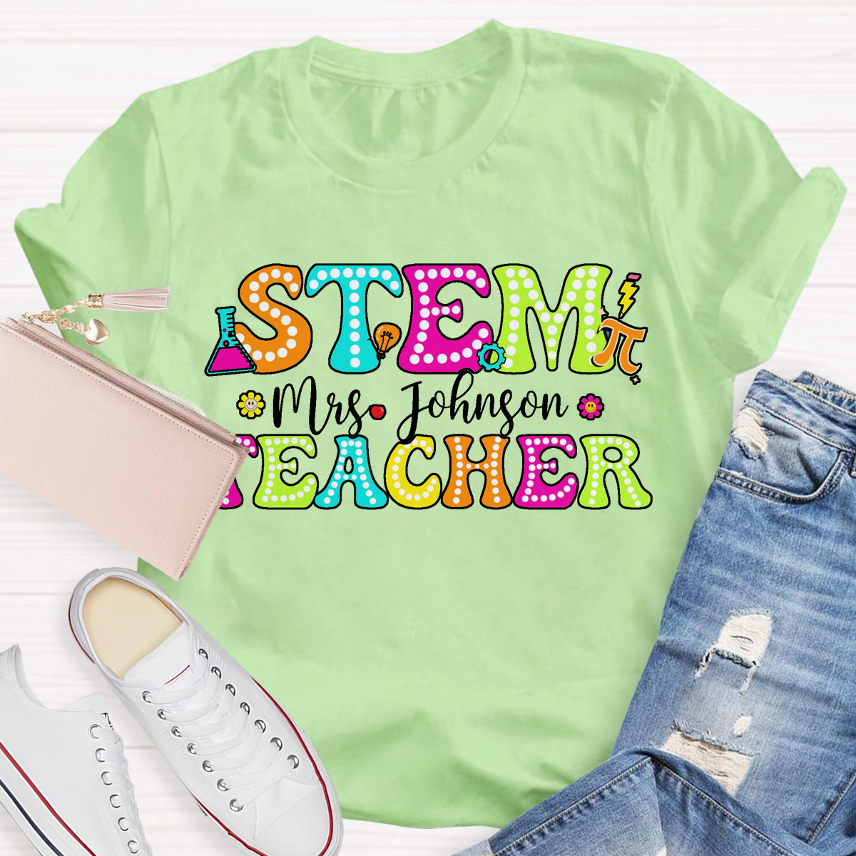 Personalized Name STEM Teachers Colorful Printed T-Shirt