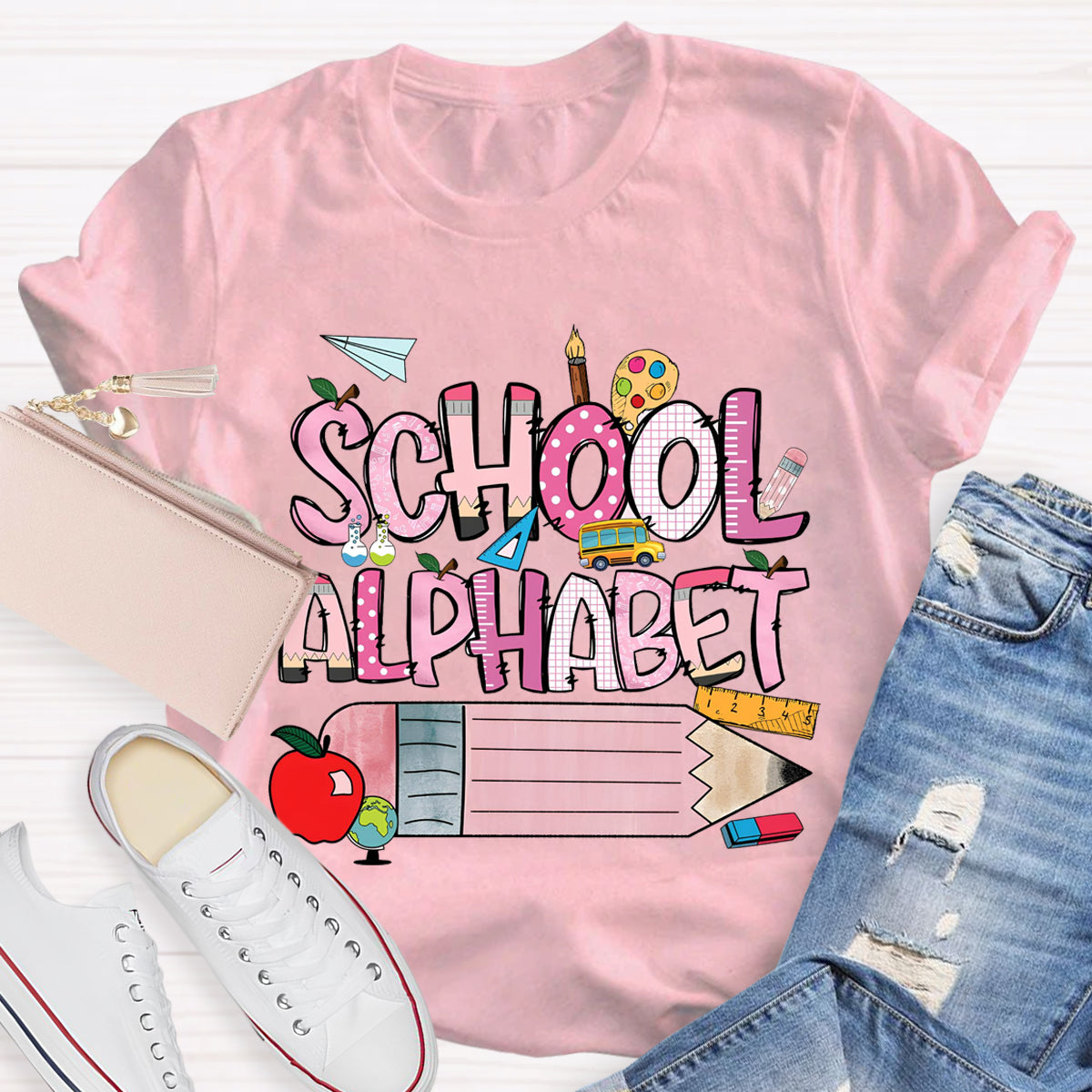 School Alphabet Pink Pencil Teacher T-Shirt