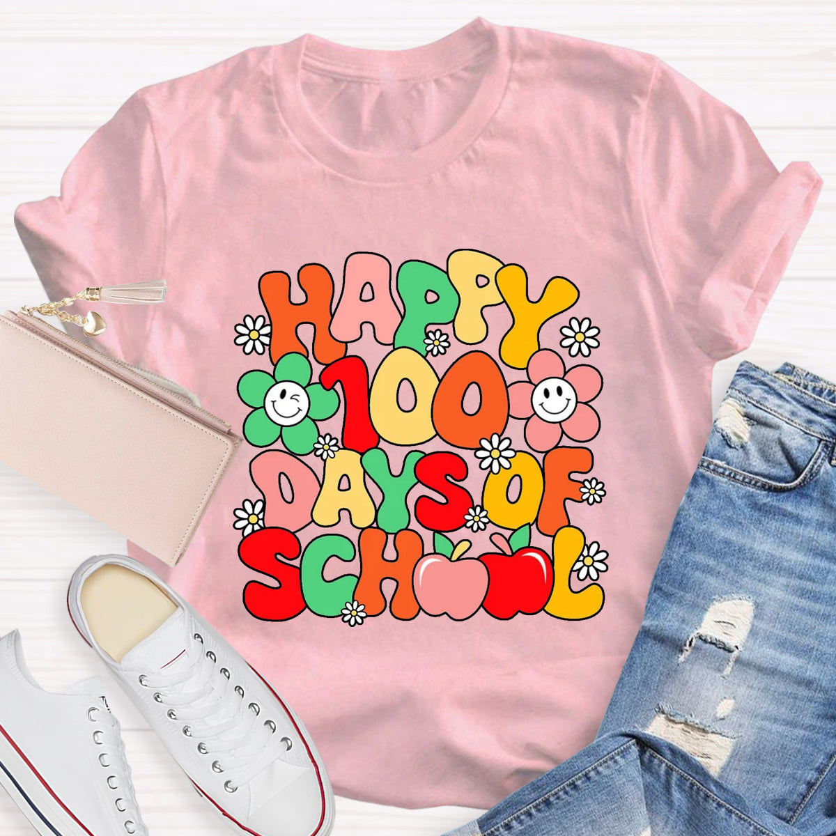 Happy 100 Days Of School Flower Apple T-Shirt