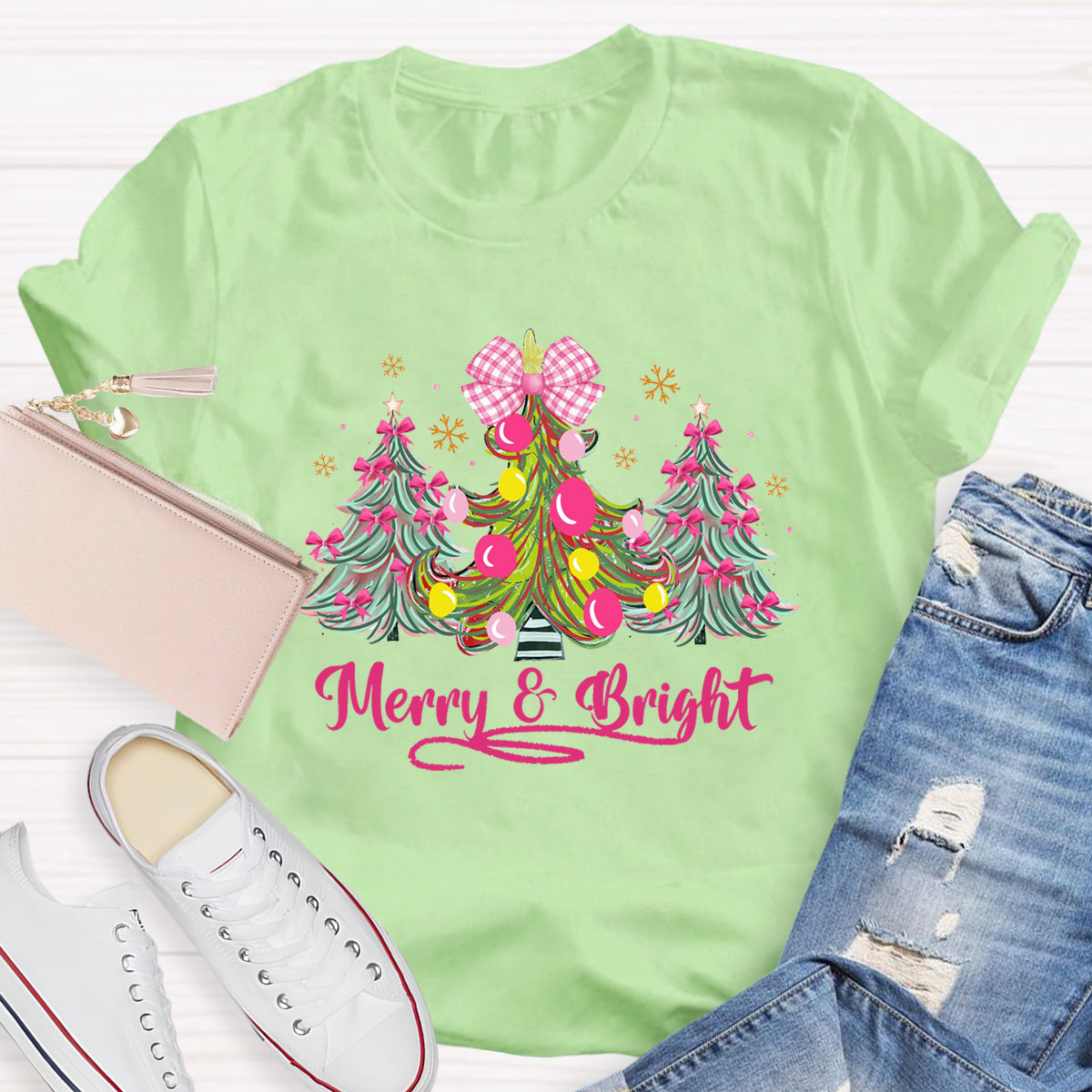 Bow Christmas Tree Merry And Bright Christmas Teacher T-Shirt