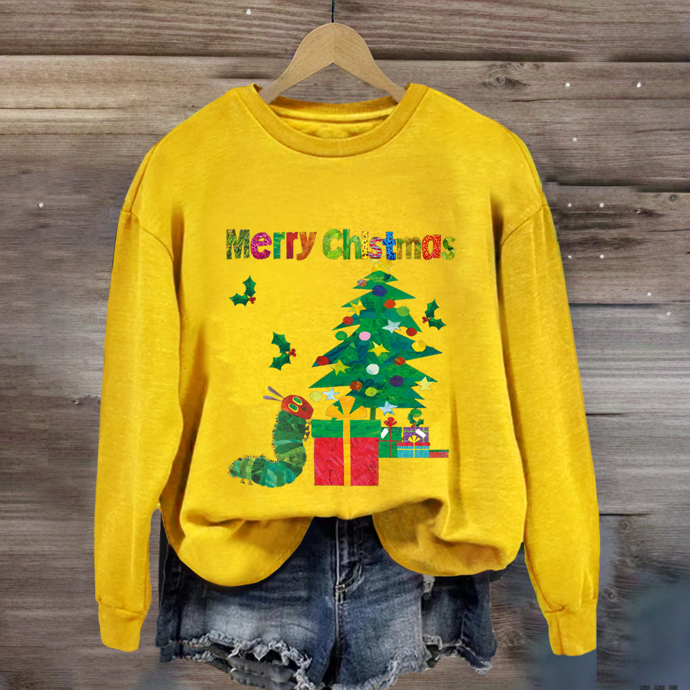 Merry Christmas Caterpillar Crawling Towards Christmas Tree Sweatshirt