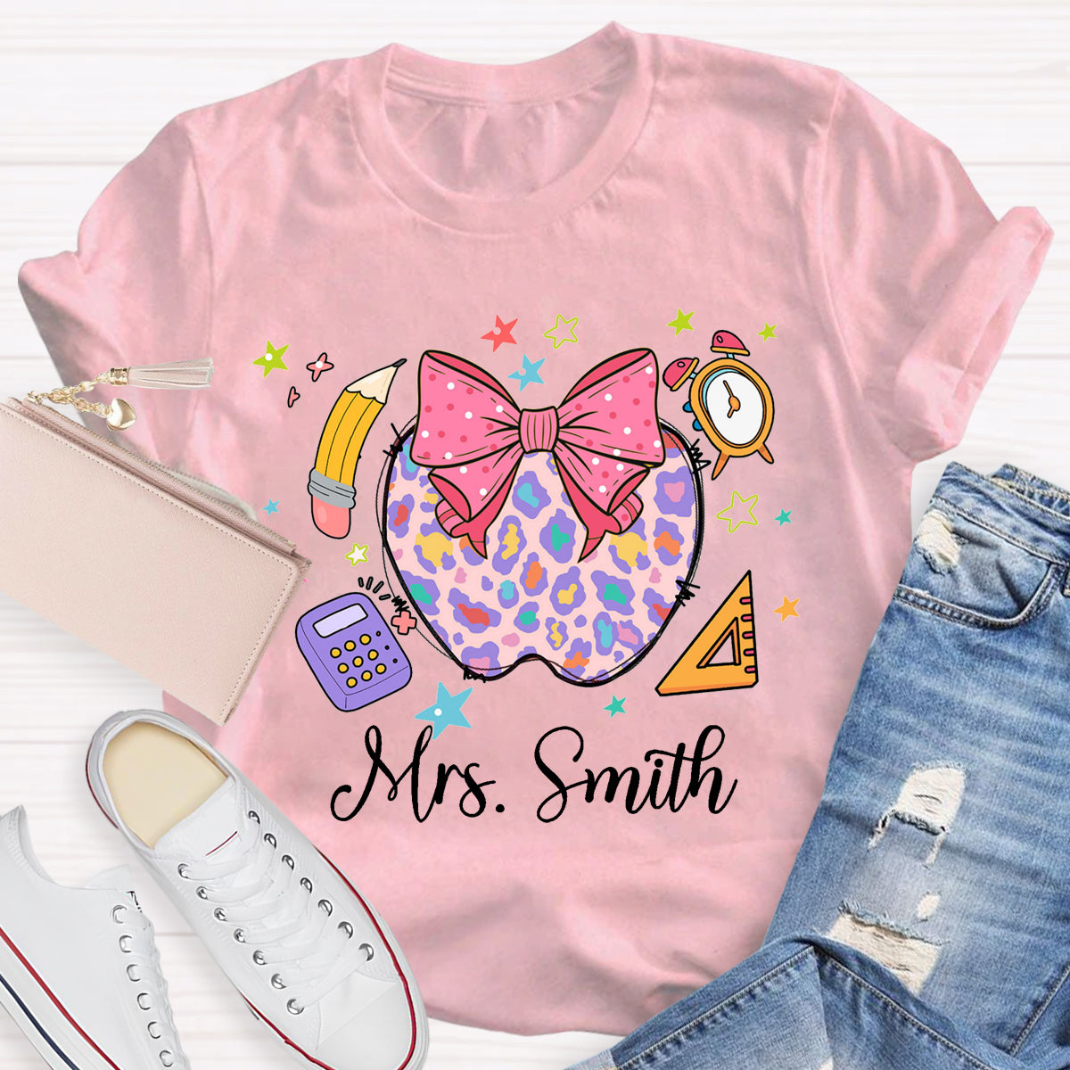 Personalized Name Leopard Apple Teacher T-Shirt