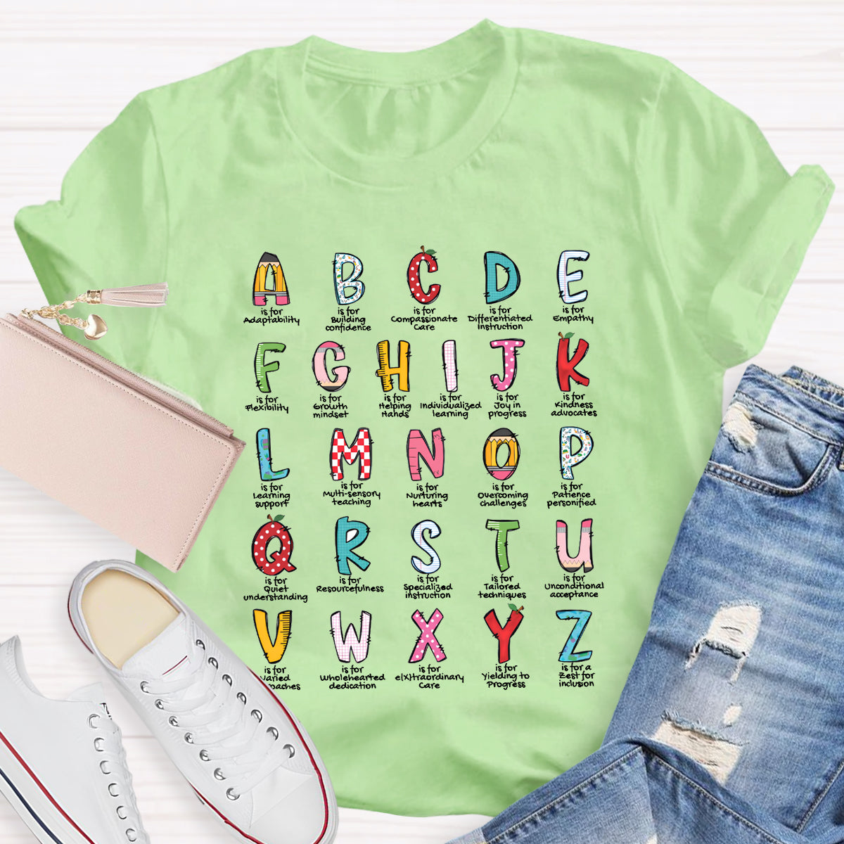 Colorful Plaid Design Alphabet Teacher T-Shirt