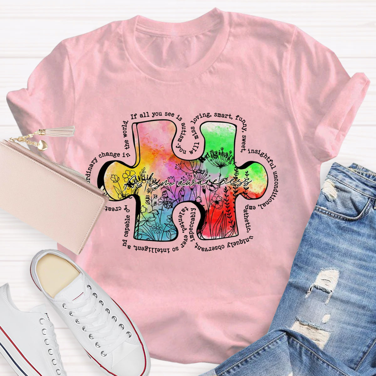 Retro Wildflower Colorful Autism Puzzle Design T-Shirt