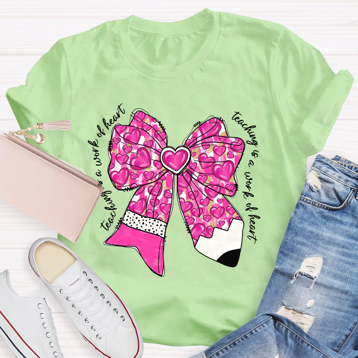 Teaching Is A Work Of Heart Pink Bow Teacher T-Shirt