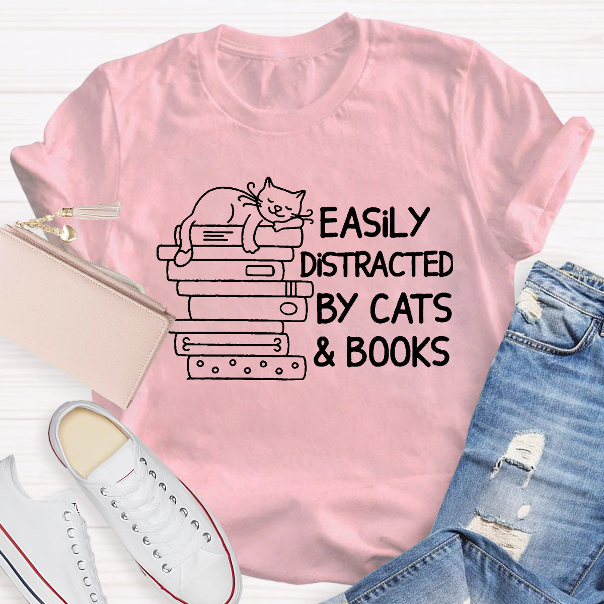 Easily Distracted By Cats And Books Teacher T-Shirt