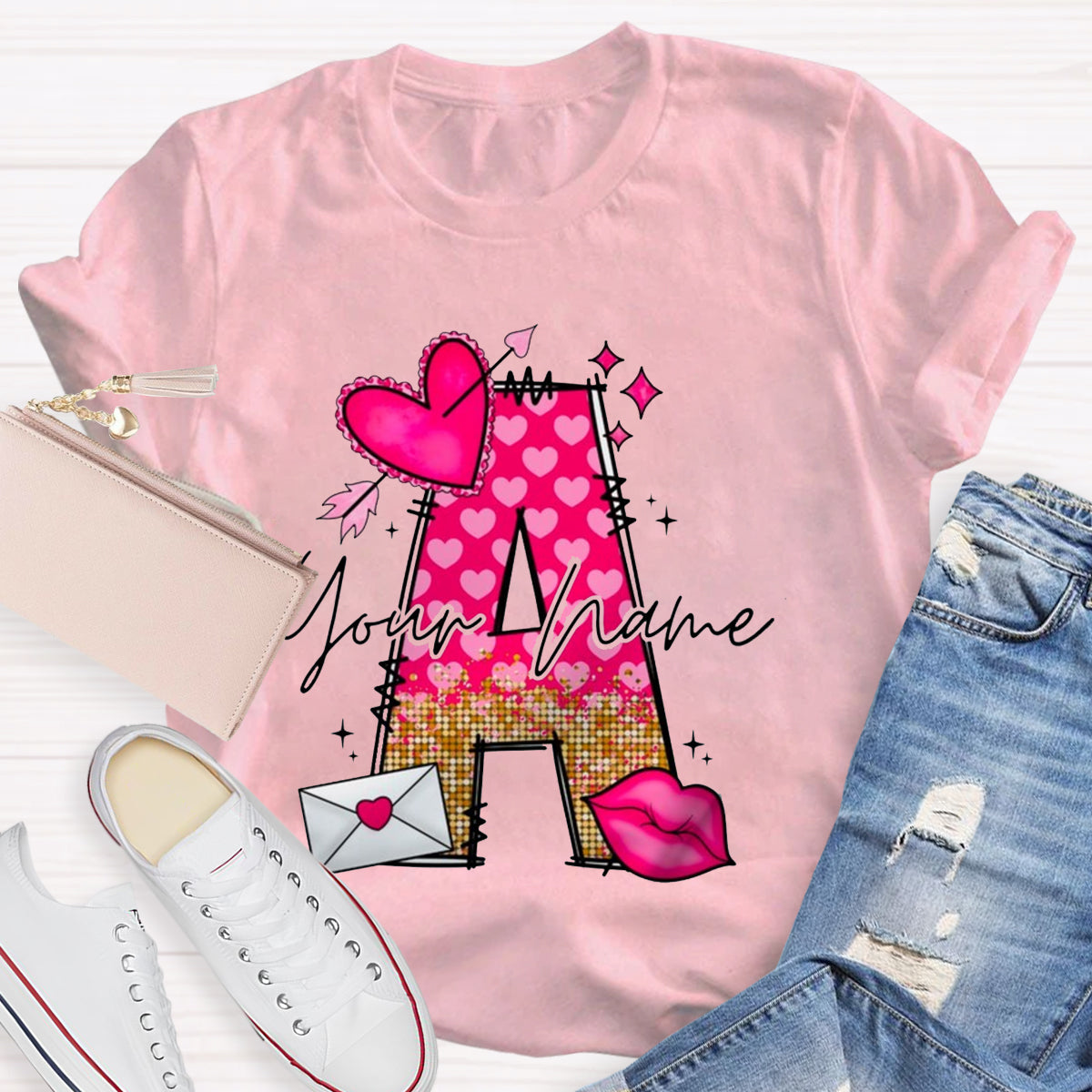 Personalized Name Pink Heart Letter T-Shirt