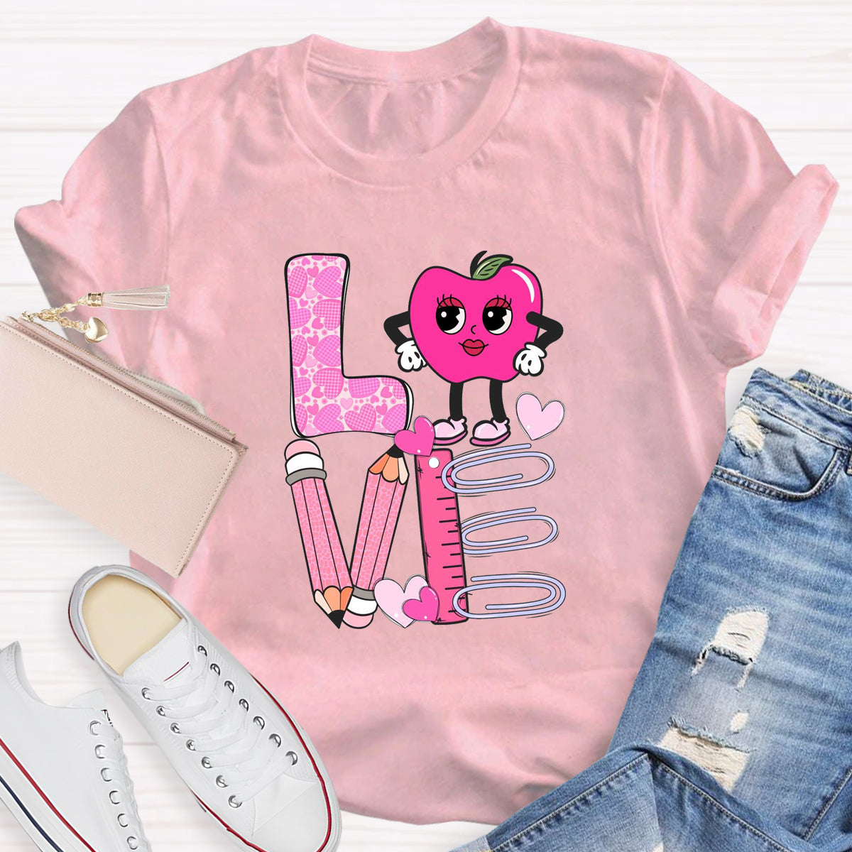 Pink Apple Love Teacher T-Shirt