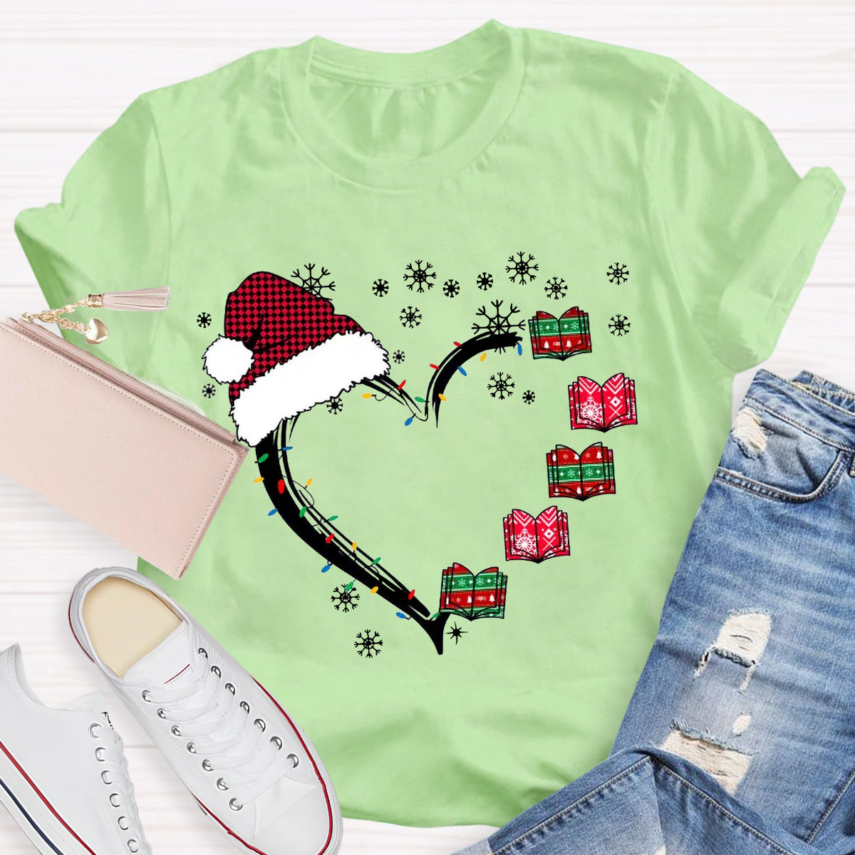 Christmas Books Heart Teacher T-Shirt