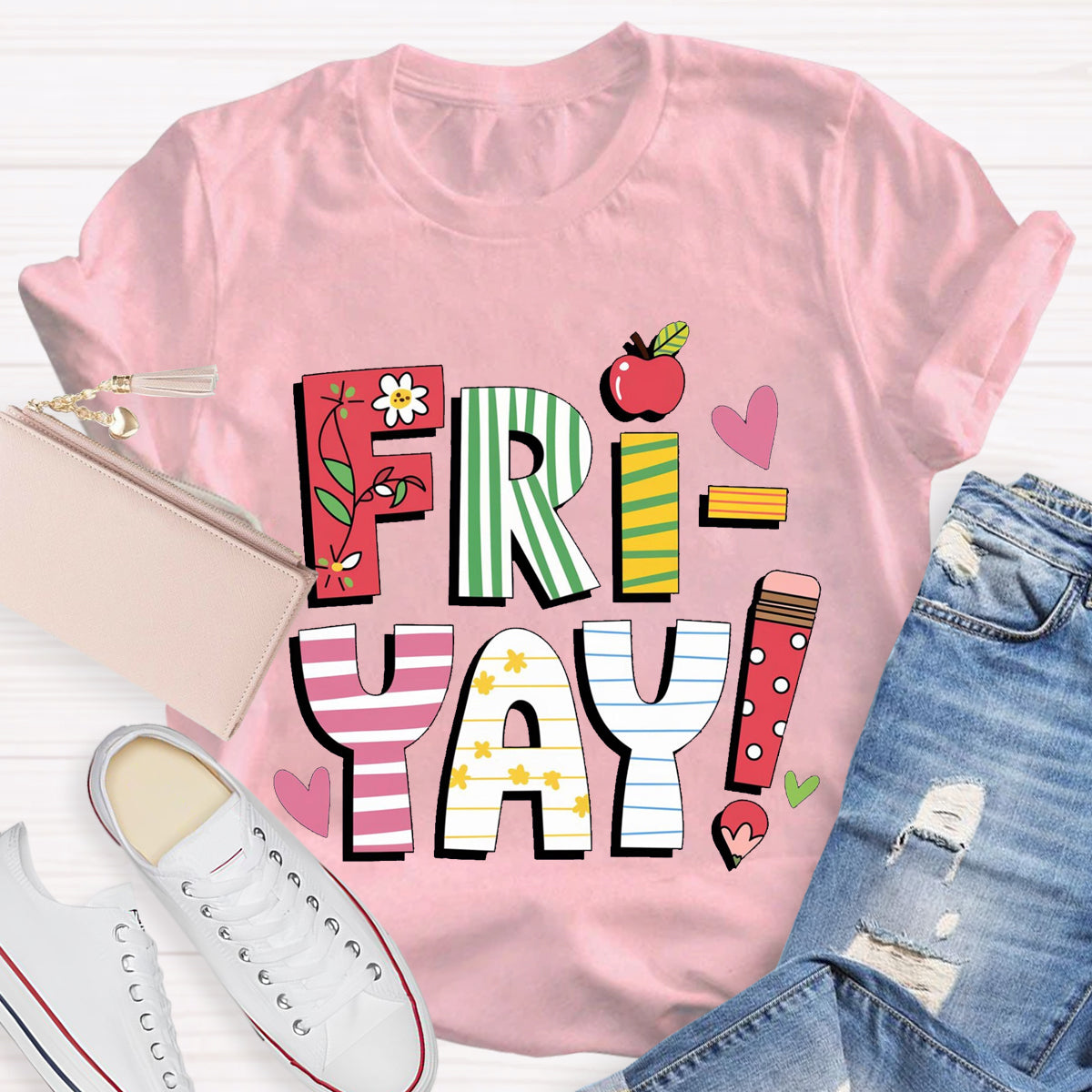 Fri-yay Floral Apple Pencil Teacher T-Shirt