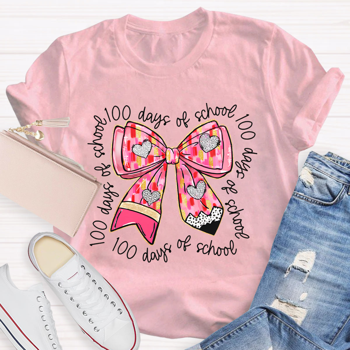 100 Days Of School Teacher Pink Bow T-Shirt