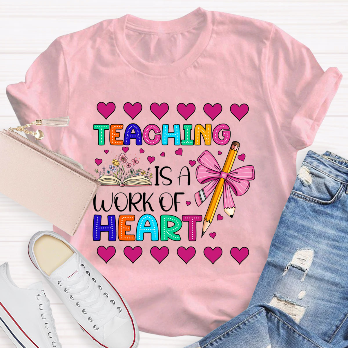 Teaching is Heart Work Pink Heart T-Shirt