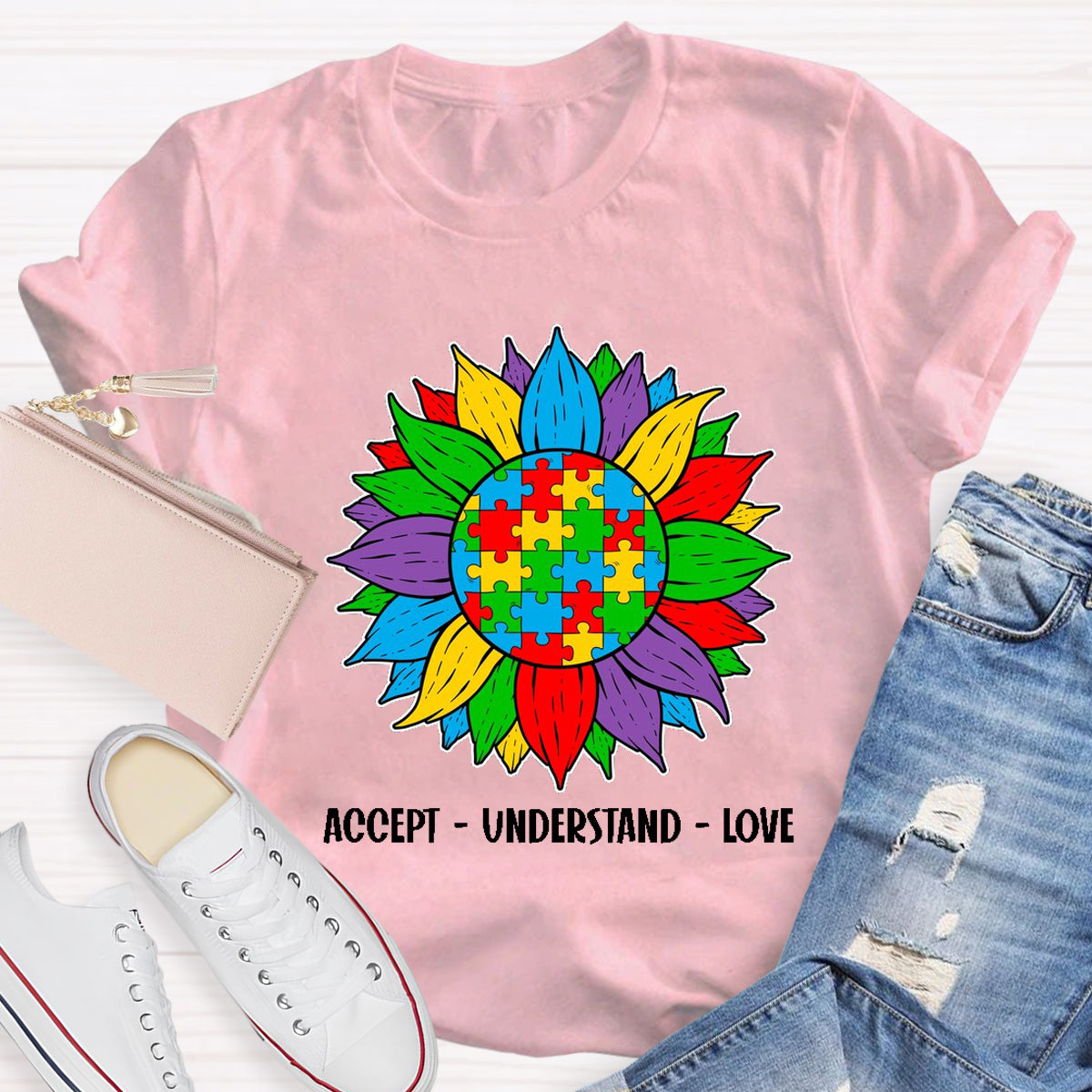 Accept Understand Love Colorful Sunflower Teacher T-Shirt