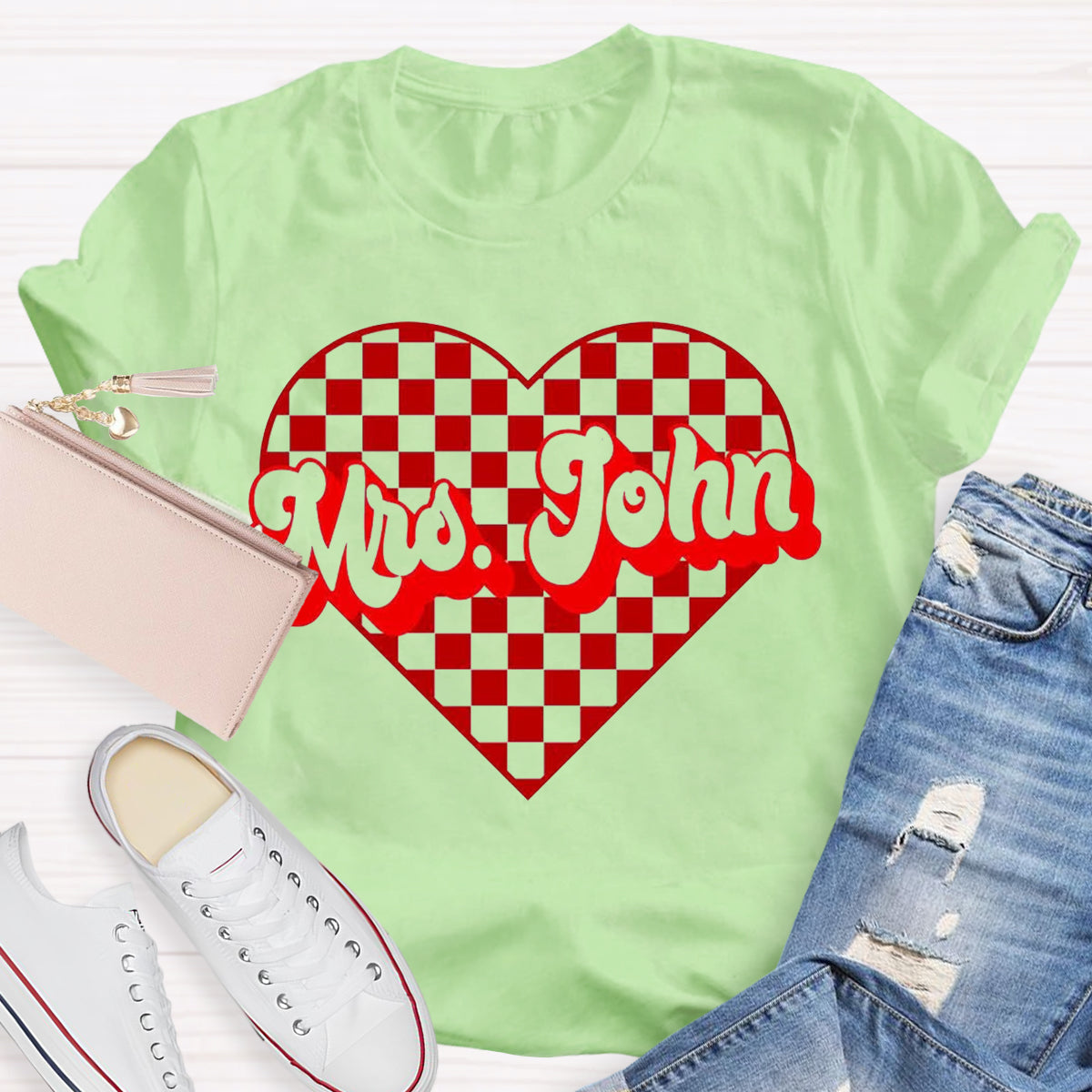 Personalized Name Heart Mrs John Teacher T-Shirt