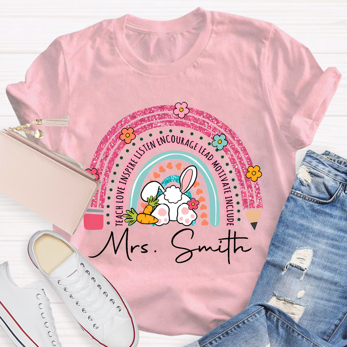 Personalized Name Easter Pink Pencil Rainbow T-Shirt