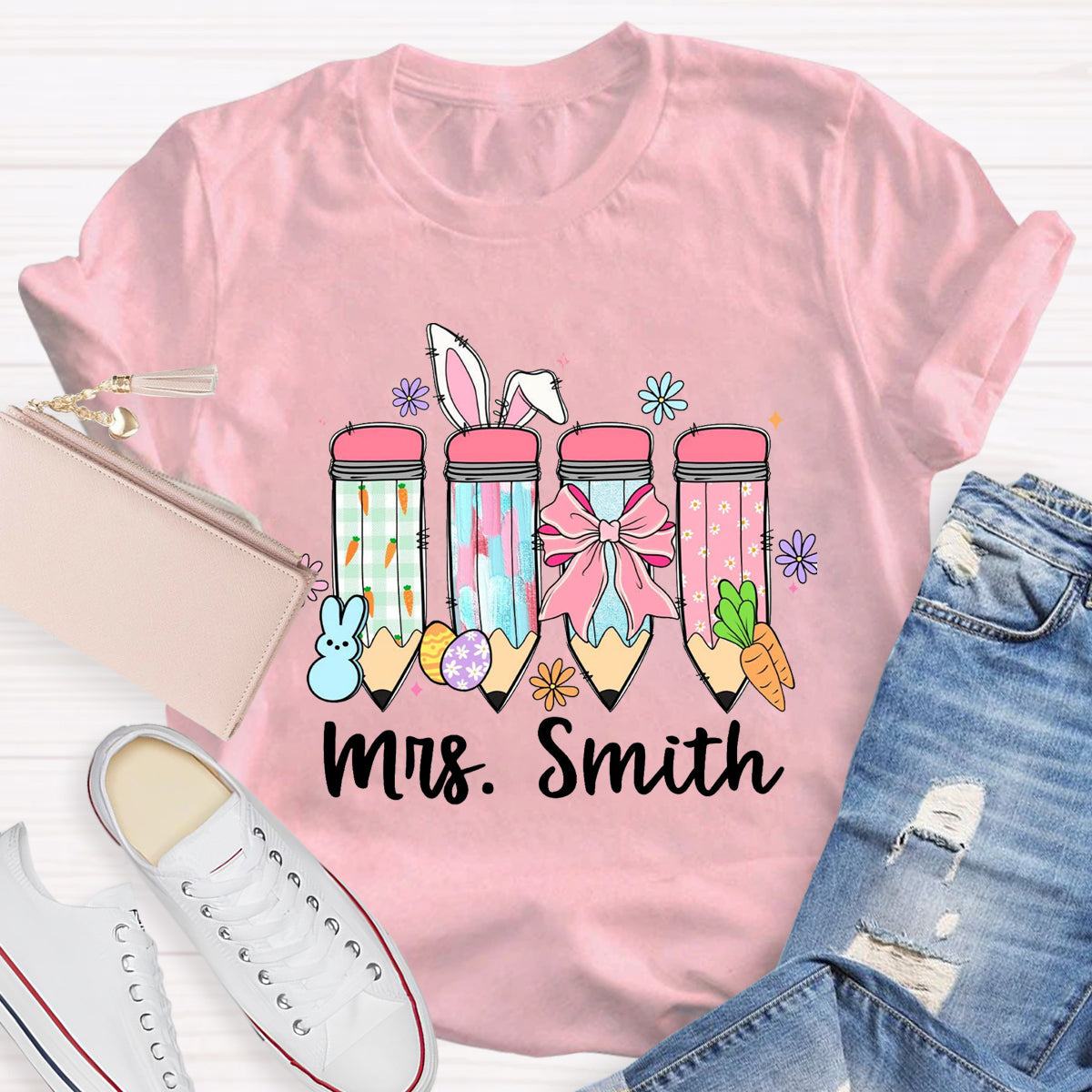 Personalized Name Easter Bunny Carrot Teacher T-Shirt