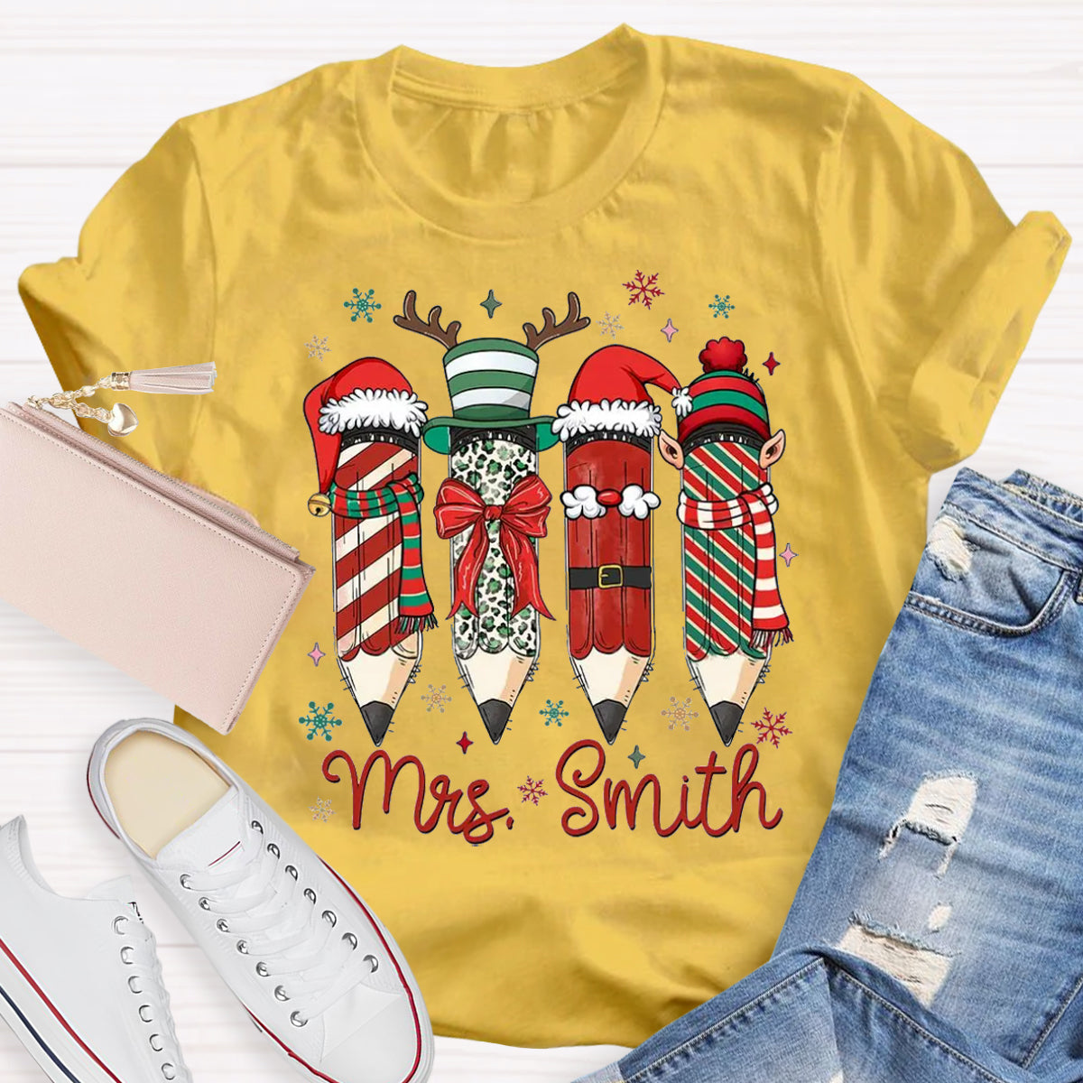 Personalized Name Cute Christmas Pencil Teacher T-Shirt