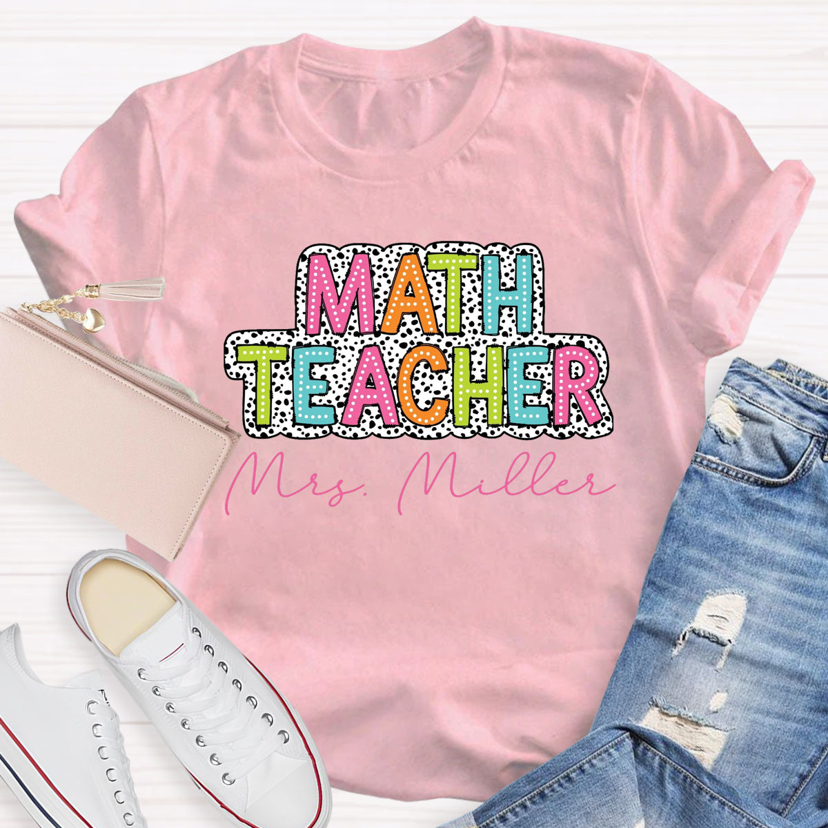 Personalized Name Dalmatian Dots Math Teacher T-Shirt