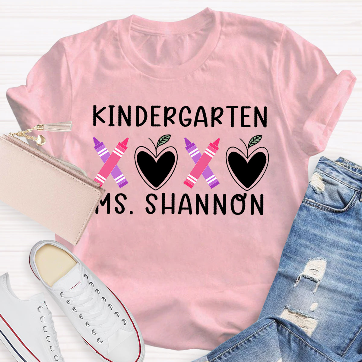 Personalized Grade And Name Pink Heart Crayon Teacher T-Shirt